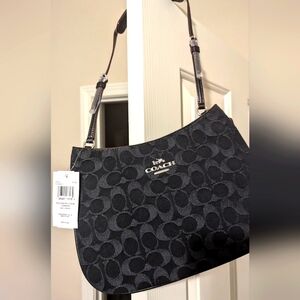 NEW COACH Penelope Shoulder Bag In Black strap Signature denim and smooth leathe